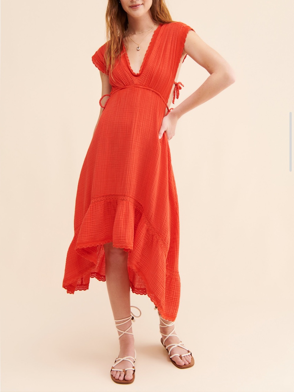 Anthropologie Silvana High Low Cut Out Cover Up Gauze Dress Red Sz S Petite New